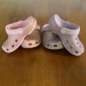 2 Pair Toddler Crocs Pink and Purple Glitter size 7